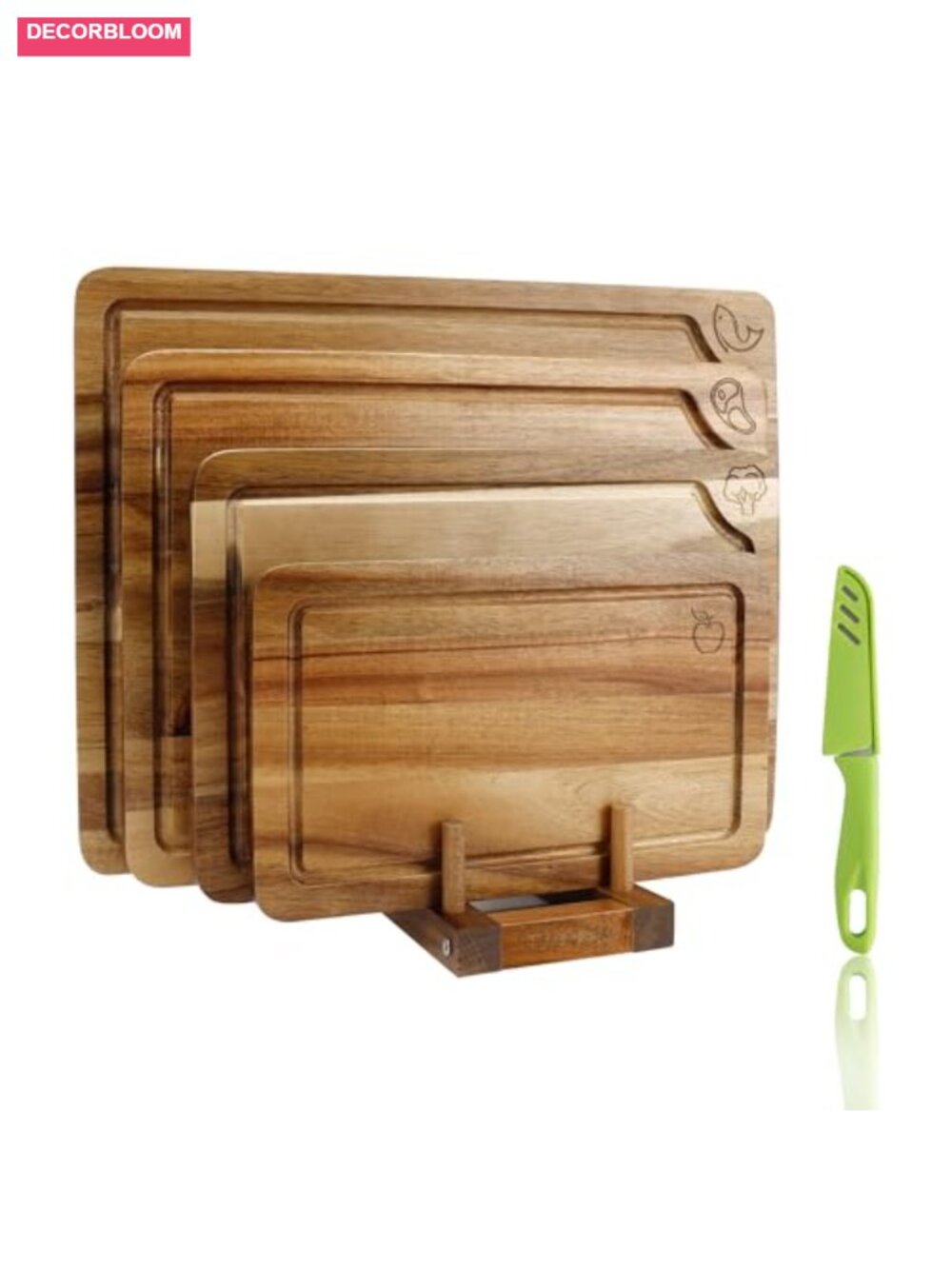 Acacia Wood Cutting Board Set 4-Piece with Food Icons Storage Stand
